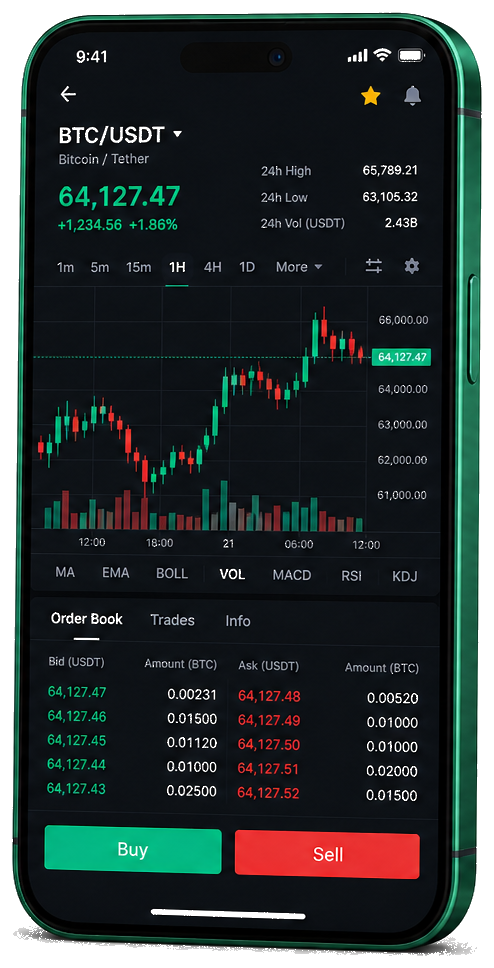 Interface mobile de trading Keen Reckonvault — cotations BTC/USDT en temps réel, carnet d’ordres et outils de suivi des opérations